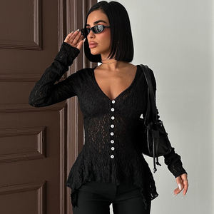 Cárdigan de Encaje Calado para Mujer, Color Sólido, Cuello en V, Chaqueta Delgada, Manga Larga con Abertura, Botones en la Parte Delantera, Detalle de Abertura - Product Image 3