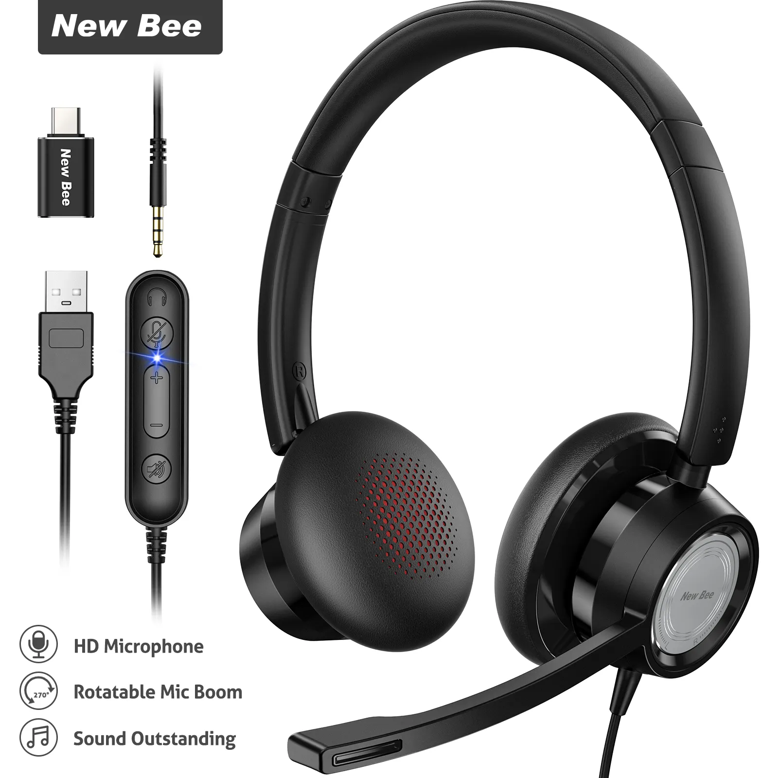 Bee Baru Headset Komputer USB, Headset Kabel dengan Mikrofon Pengurangan Kebisingan Kualitas Bagus
