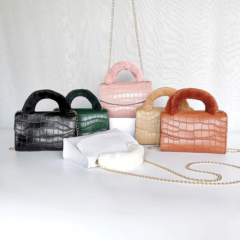 New arrival plush handle handbags for women chain small stone pattern soft PU leather cheaper bag