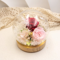 Konservierte Rosenblüten-Kuppel mit LED-Nachtlicht, zwei konservierte Rosen, Muttertag, Geburtstagsgeschenk für Mama, Oma, Heimdekoration für den Tisch.