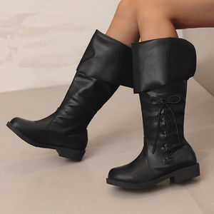 Black Genuine Leather Lace-up Round Toe Flat Knee High <b>Boots</b> with Rubber Outsole and Anti-Slip Feature Drop Shipping - Product Image 6