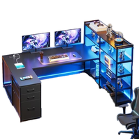 Bureau de jeu/ordinateur moderne en MDF avec lumières LED, prise de courant, étagères de rangement, 3 tiroirs en tissu, base en acier