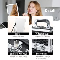 Organisateur de maquillage portable en aluminium avec miroir, plateau à 2 niveaux, fermeture à verrouillage, étanche, antichoc, boîte de toilette de voyage pour cosmétiques et produits pour les ongles