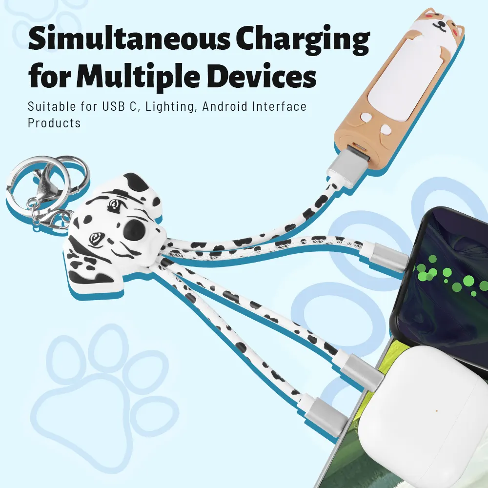 USB-кабель с изображением животных, Далматин, собака, искусственная кожа, многоголовый брелок 3 в 1, зарядный кабель