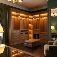 Système de dressing intégré de luxe classique américain avec éclairage LED chaud et rangement multi-zones en bois pour villa