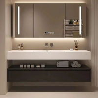 Meuble de salle de bain mural en bois sur mesure, gain de place, avec vasque en planche et miroir LED