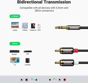 Câble Ugreen 3,5 mm vers RCA, adaptateur audio auxiliaire mâle, son HiFi, coque métallique, répartiteur en Y, conducteur en cuivre, gaine en PVC pour téléphone - Product Image 2
