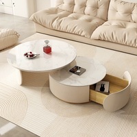 Nouvel Ensemble de Tables Basses Rondes en Bois et Marbre, Design Crème Moderne de Luxe, Multifonction avec Tiroirs pour Salon, Meuble Décoratif