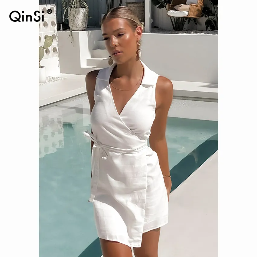 QINSI Female Tank Sleeveless Holiday Mini Cotton Dresses Women With Sashes Summer Dress Wrap Lace Up Classy White Dress