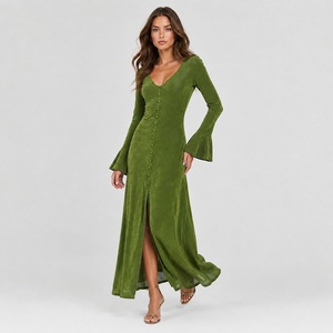 Robe longue décontractée pour femme à manches évasées boutonnées, couleur unie, extensible, avec fente et taille naturelle, idéale pour l'été - Product Image 6