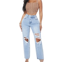 Jean Boyfriend déchiré taille haute à jambe droite en denim vieilli pour femme