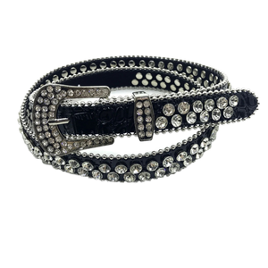 Cinturón de Mujer con Patrón de Cocodrilo, Cuero Artificial PU, Decoración de Diamantes en Una Sola Hilera, Cinturón Delgado con Hebilla de Aleación e Incrustaciones de Diamantes de Imitación - Product Image 1