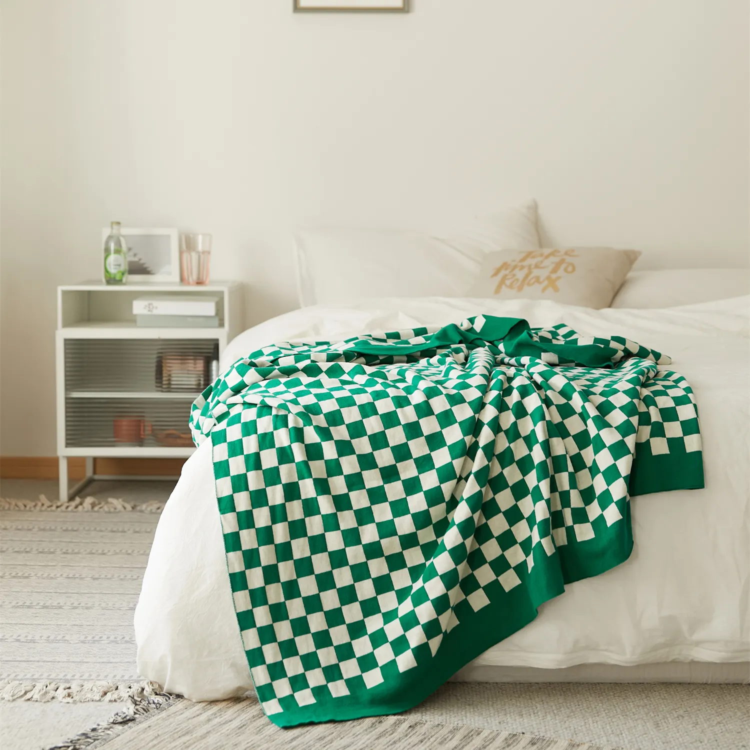 MLG Großhandel Custom Checkerboard Gingham Checker Plaid 100% Baumwolle Gestrickte Decke Soft