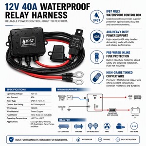 Lampu Kerja Off-Road Otomatis dengan Kabel Tembaga 40A, PVC Tugas Berat IP67 Tahan Air 12V DC Tembaga Berlapis Timah 2-Switch - Product Image 3