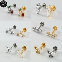 Boucles d'oreilles tendance en titane G23, style européen et américain, en forme de T, avec zircon, motif cœur et cerise, électroplaquées, cadeau idéal