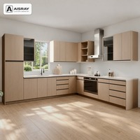 Meuble de cuisine en bois massif sur mesure, aménagement en L contemporain, unités modulaires, boîtes en panneaux de particules et tiroirs à fermeture amortie