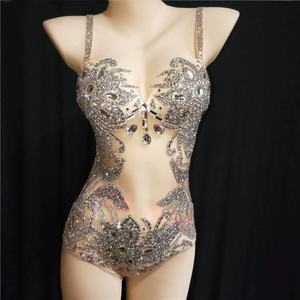 Conjunto de Disfraz Sexy y Lindo para Bailarina Latina de Club Nocturno, con Plumas, Diamantes de Imitación, Abertura Alta, Elástico, para Actuaciones en Escenario - Product Image 3