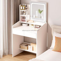 Ensemble coiffeuse moderne en bois avec miroir LED, étagère de rangement ouverte, tiroir et tabouret rembourré pour chambre à coucher