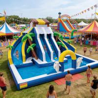 Toboggan aquatique gonflable commercial en PVC, thème dauphin tropical, double piste, capacité 500 kg, garantie 3 ans pour l'eau