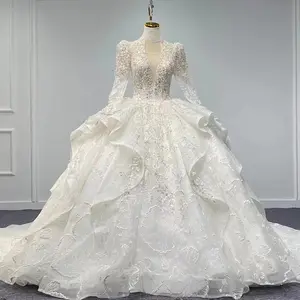 Novia Vestido डे लक्जरी सेक्विन मनके सेक्सी डिजाइनर प्लस आकार लंबी आस्तीन शादी दुल्हन की पोशाक शादी की पोशाक