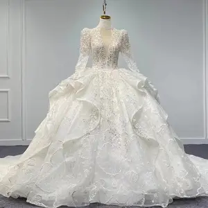 Novia Vestido De奢华亮片串珠性感设计师加大码长袖婚纱