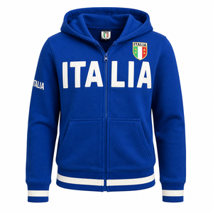 Sweat à capuche bleu personnalisé avec logo, fermeture éclair intégrale, détail drapeau italien, bordure côtelée contrastante, uniformes d'équipe, tissu éponge automne - Product Image 1