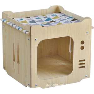 Natural Wood Cat House Quadratic Pet Bed Multifunctional <b>Small</b> Size For Indoor Cats Solid Wood Construction With Soft <b>Mat</b> Top - Product Image 1