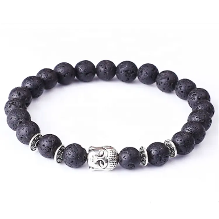 Zilver Kleur Alloy Metalen 8Mm Natuursteen Boeddha Hoofd Boeddha Bead Energie Vulkanische Steen Elastiek Armband