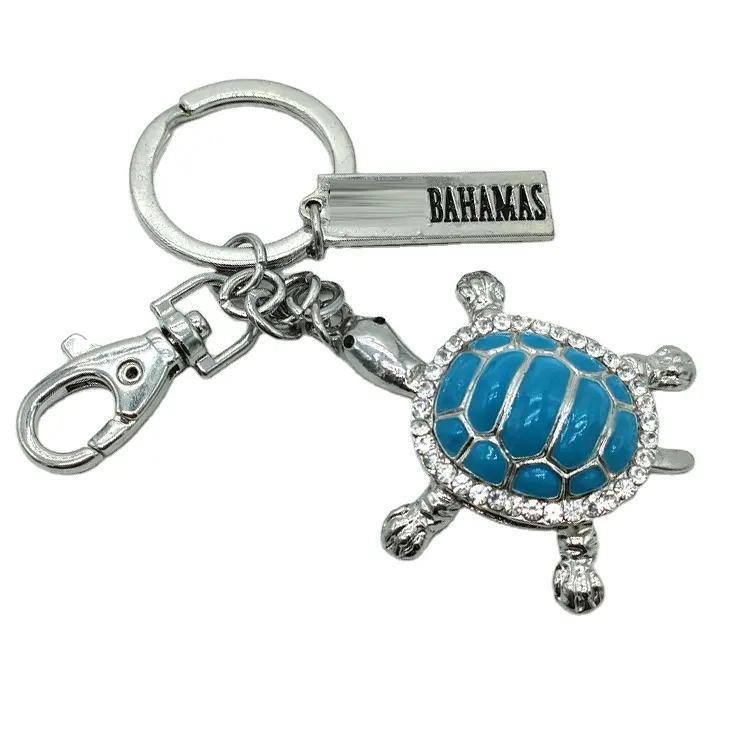 Customised logo rhinestone metal key chain beach souvenir sea turtle keychain