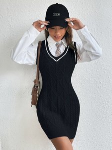 Robe longue <span class=keywords><strong>sans</strong></span> manches à <span class=keywords><strong>col</strong></span> en <span class=keywords><strong>V</strong></span> <span class=keywords><strong>pour</strong></span> <span class=keywords><strong>femme</strong></span>, <span class=keywords><strong>pull</strong></span> tricoté décontracté de style académique - Product Image 5