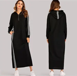 कस्टम काले धारीदार पिन अप Hooded कमीज़ पोशाक महिलाओं लंबी आस्तीन खेल आकस्मिक सीधे लंबी आस्तीन पोशाक