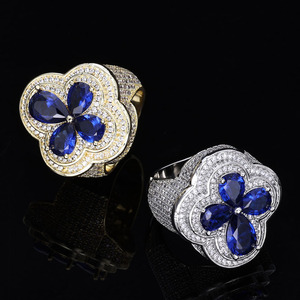 Men's Trendy Hiphop Customize <b>Ring</b> Copper Gold Plated Four Leaf Princess Cut Zircon Green Red Gemstone Flower <b>Iced</b> - Product Image 4