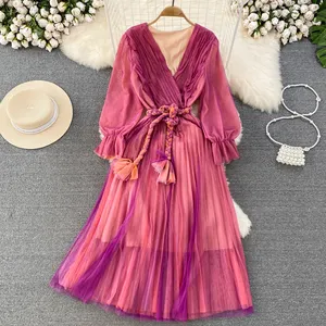Wholesale 2023 Summer Light Mature Style Retro Temperament Long Sleeve V-Neck Waist Mesh A-line Pleated Women's Dress