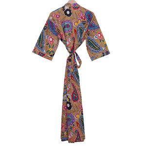Bata de Baño Tipo Kimono para Mujer, 100% Algodón, Cuello en V, Cierre con Cordón, Largo hasta el Tobillo, Transpirable, Estampado Floral, Estilo Indio, Primavera-Verano - Product Image 3