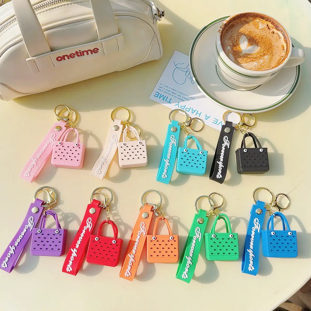 Hot sales 9 colors EVA beach hole bag Keychain fashion seaside basket PVC rubber pendant