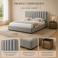 Lit moderne écologique rembourré en tissu gris avec cadre en bois et tête de lit à cannelures verticales