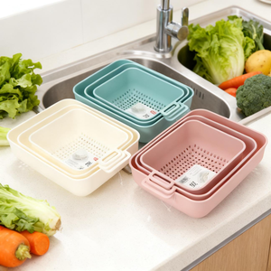 Conjunto de 3 Peças de Escorredor de Plástico Reutilizável e Ecológico para Colocar e Lavar Frutas e Vegetais, Utensílios de Cozinha - Product Image 2