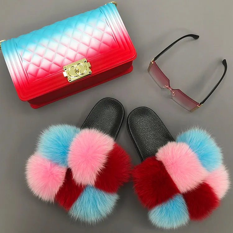 2021 Fashion 3Pcs Women Oversized Shades Sunglasses Matching Fluffy jelly handbag Rainbow Fox Fur Slippers