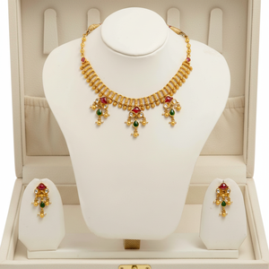Elegant Gold Short Necklace Set with <b>Red</b> and Green Stones Pearl <b>Drops</b> and Matching <b>Earrings</b> for Bridal Wedding Festive Wear - Product Image 1