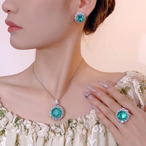 Fashion Eco-friendly Copper Flower 3pcs Set Jewelry 18-16mm Paraiba Green Zirconia Floral Necklace <b>Earrings</b> Ring Matching Set - Product Image 6