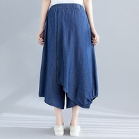 Pantalones Culotte Asimétricos de Verano 2026 al por Mayor, de Mezclilla con Cintura Elástica, Pierna Ancha y Dobladillo Tipo Pañuelo, Dos Colores, para Mujer