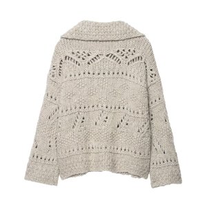 KAR & OT ZA 2025 Outono/Inverno Novo Doce Gola Solta Chunky Malha Oco-Out Manga Longa Malha Cardigan Camisola 6771133 - Product Image 2