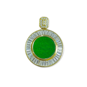 Pendentif rond en jadéite birmane naturelle de qualité A, glacé et plein de vert, plaqué argent avec or et serti de zircon étincelant. - Product Image 1