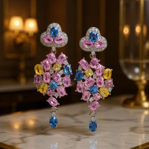 Boucles d'oreilles pendantes en forme de fleur avec diamants colorés E2059, bijoux de luxe pour femme, sertissage griffe - Product Image 2