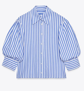 Camicie Estive da <span class=keywords><strong>Donna</strong></span> Personalizzate di Alta Qualità con Maniche 3/4, <span class=keywords><strong>a</strong></span> Contrasto Bianco-<span class=keywords><strong>Blu</strong></span> <span class=keywords><strong>a</strong></span> <span class=keywords><strong>Righe</strong></span>, Traspiranti - Product Image 4