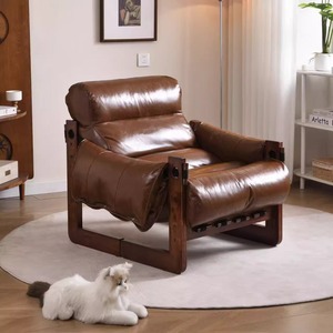 Fauteuil de relaxation individuel en bois massif, style rétro de luxe, en cuir, pour salon et balcon - Product Image 1