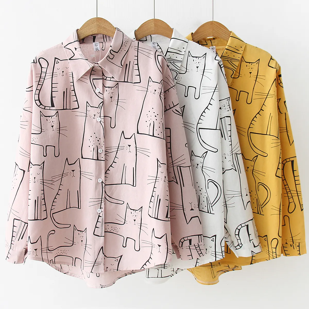 Blusa informal de manga larga con estampado de gatos para mujer, blusa blanca con estampado de dibujos animados para oficina