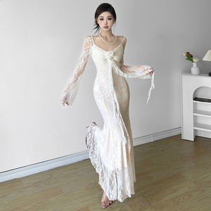 Robe de soirée sirène à manches longues en dentelle florale 3D de style français, élégante, taille cintrée, détail ruban - Product Image 5