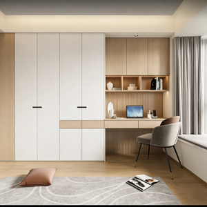 Armario Metálico Abierto Contemporáneo Personalizado con Tiradores Metálicos, Escritorio de Madera, Estantería y Gabinete de Almacenamiento en Color Claro - Product Image 2