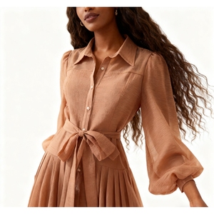 Robes pour femmes à col, à bouton unique, à taille nouée et à manches cloche, tendance automne - Product Image 2